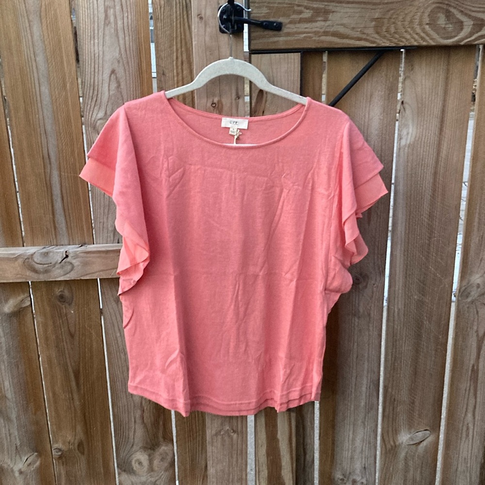 Pink and Orange Flutter Sleeve Blouse with Relaxed Fit